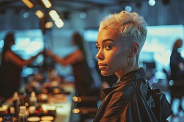 Naklejka premium Woman with short blonde hair getting makeup applied in a salon.