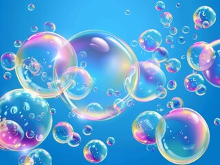 Kids blow bubbles in a translucent clear ball with oxygen shampoo. Realistic soap bubbles flying from a wand.