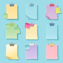 The collection of sticky notes includes scraps from notepads, isolated stickers, papers in a school notebook, stickers for the noticeboard, and stickers with paper clips for the office.