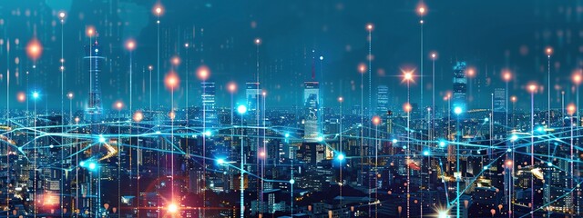 Obraz premium Cityscape with futuristic virtual network connection. Concept of connectivity and digital communication technology