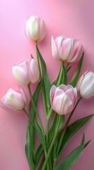 Obraz premium Bouquet of white and pink tulips on a pink background, close-up. Spring flowers and romantic concept