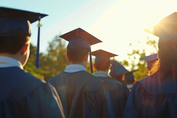 A group of college friends outdoors to celebrate education achievement, success and future at an event for graduates with blue sky mockup. Women and men outdoor to celebrate education accomplishment,