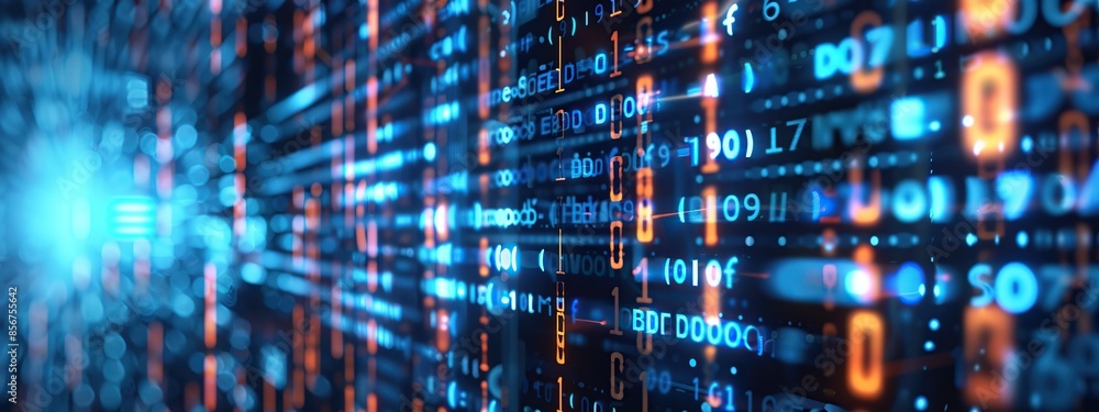 Aufkleber computer screen displays futuristic blue color binary code for digital protection concept
