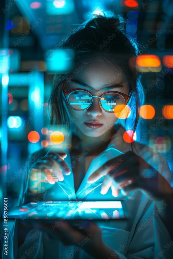Poster female employee or developer working late on futuristic technology or code overlay on a tablet and h