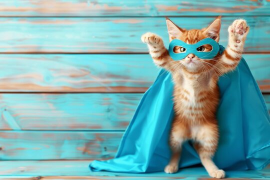 Superhero cat  tabby kitty in costume soars on pastel backdrop, symbolizing feline superpower