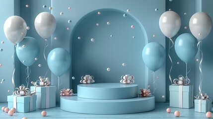 Elegant blue celebration scene with balloons, gift boxes, and a decorative arch. Ideal for festive and event-related designs.