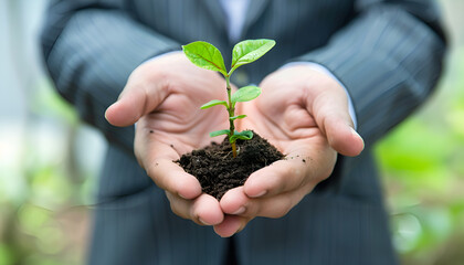 Businessman holding coins in hand with growth plant , investment profit and dividend money from saving concept