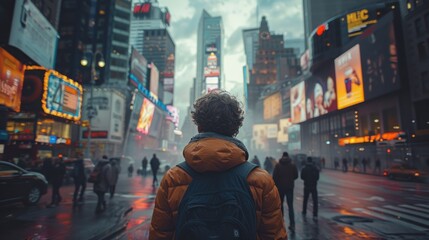 Obraz premium Man in Orange Jacket Stands in Times Square