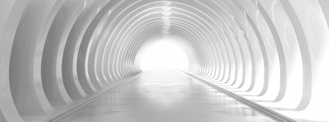 3D room with light abstract space technology tunnel stage floor. White studio with neon background futuristic corridor design.