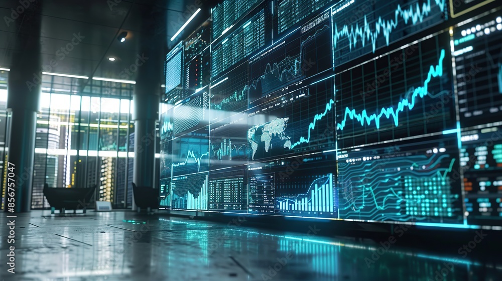 Aufkleber large computer screen shows stock price charts. the graphics are colorful and have lots of lines and
