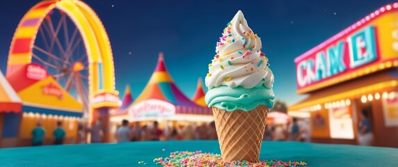 An enticing ice cream cone with sprinkles at a vibrant, illuminated carnival at night, evoking a festive and joyful atmosphere perfect for summer fun