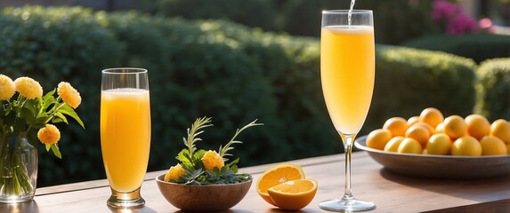 Fresh orange juice in elegant glasses with floral garnishes, set on a wooden table in a sunny garden  Ideal for brunch, outdoor dining, or festive events