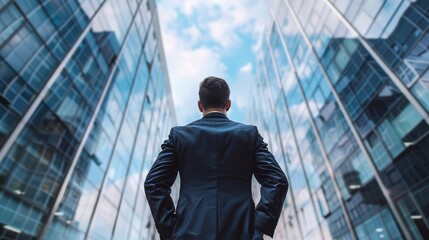 An image of a successful, well-dressed businessman in suit standing in front of a skyscraper as he thinks about the future and imagines the possibilities for his business.