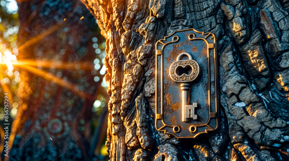 Aufkleber old key is attached to tree with sun shining in the background.
