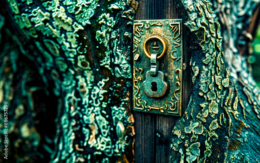 Poster close up of lock on door with tree in the background.