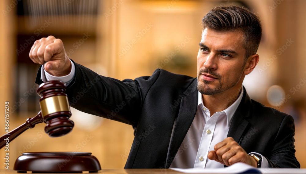 Aufkleber man in suit sitting at desk with judge's gavel.
