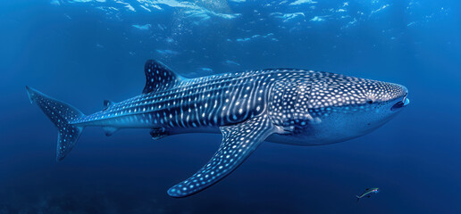 Obraz premium A majestic whale shark swimming gracefully in the deep blue ocean, with its large body covered in distinctive white and black spots and small fish around it.