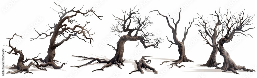 Poster branches and trunks of twisted, leafless trees are cut out for this set