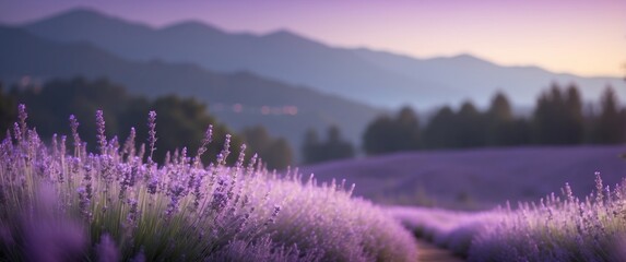 Obraz premium Lavender fields at sunrise with purple flowers and distant mountains create a tranquil, idyllic scene perfect for relaxation, nature walks, and rustic retreats