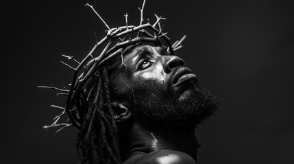 Black and white photorealistic portrait of a black Jesus Christ wearing thorns on his head. Close-up.