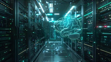 human brain hologram floating in a sever room