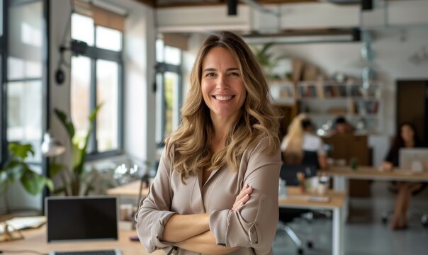 A woman boss with a smile, mission and vision at the office, and her team in the background. Leadership, management, and success with a woman boss.