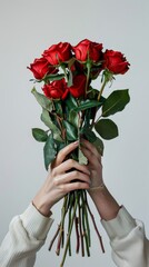 Hands holding bouquet of red roses on white background