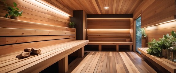 Fototapeta premium Modern wooden sauna interior with warm lighting, greenery, and cozy benches, perfect for relaxation, wellness retreats, and spa therapy