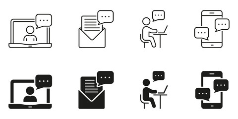 Online Seminar Line and Silhouette Icon Set. Team Connection Symbol Collection. People Communication At Work Conference Sign. Teamwork Black Pictogram. Isolated Vector Illustration