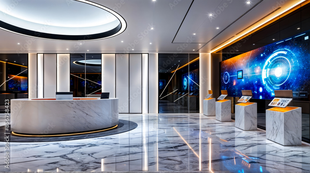 Aufkleber Lobby with marble floor and marble reception table with circular counter.