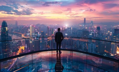 Fototapeta premium Standing on a roof top balcony and looking out at the city night view is this concept of business ambition and vision.