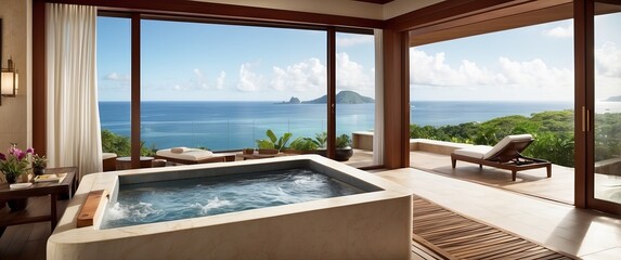 Fototapeta premium Luxurious tropical villa with a jacuzzi and panoramic ocean view, perfect for a relaxing vacation, retreat, or holiday getaway in an exotic location