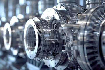 Close-up of nuclear power plant turbines, ultra-realistic, high-definition, intricate mechanical details, advanced technology, lifelike