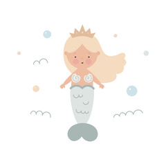 Cute mermaid. Flat cartoon vector illustration isolated on white background. For card, posters, stickers, banners, printing on the pack, printing on clothes, fabric, wallpaper.	