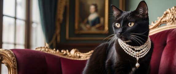 A black cat adorned with pearls sits elegantly on a luxurious velvet couch in a vintage, aristocratic setting, exuding sophistication and glamour