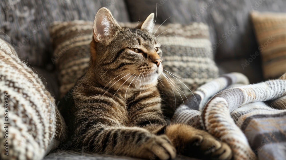 Canvas Prints Striped Scottish cat grooming itself on sofa