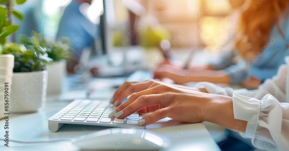 Poster an office worker typing on a keyboard at a computer, doing research, or looking at a website for wri