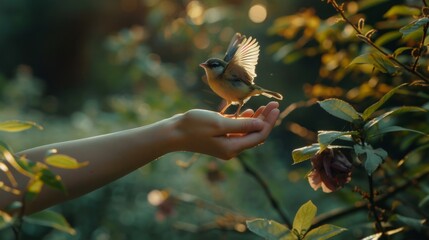 Hands release birds into nature, AI generated Image