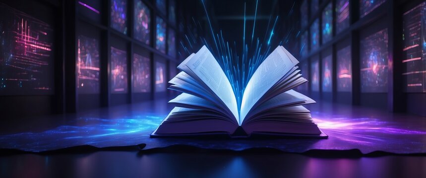 Futuristic open book with glowing effects, surrounded by digital screens in a cyber inspired, high tech environment  Perfect for e learning or tech concepts