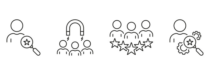Recruitment Agency Line Icon Set. Search Talent Employee, Human Resource Linear Pictogram. Find Job Team Outline Symbol Collection. Marketing Sign. Editable Stroke. Isolated Vector Illustration
