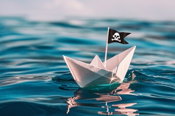Closeup of an origami paper white boat with a pirate flag floating on the water surface.
