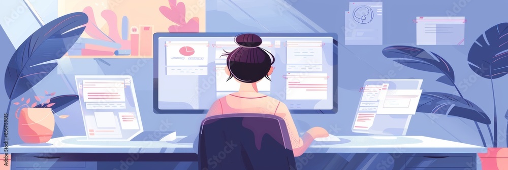 Poster a woman uses her computer in the office to work on administrative tasks, generate digital reports an