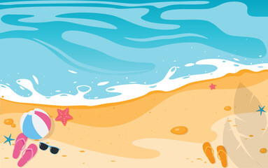 Tropical summer background with beach, surfboard and umbrella