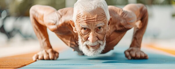 Elderly man doing push-ups in a gym, determination and grit, fitness and endurance, committed to health and wellness