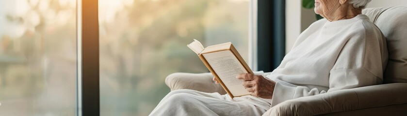 Fototapeta premium Elderly person reading a book by the window, cozy armchair, afternoon sunlight, peaceful solitude, reflective and calm moment
