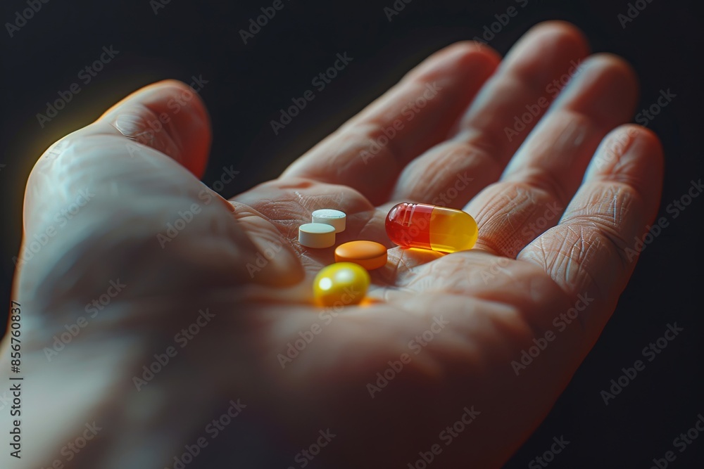 Poster a persons open palm holds a variety of colorful pills, with a softly blurred background creating an 
