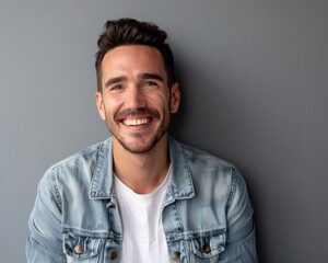 Fototapeta premium In the studio with arms crossed, in denim, a happy person or a model with confidence, in casual clothing on a grey background. It's a big smile, fashion and accessory on a gray background.