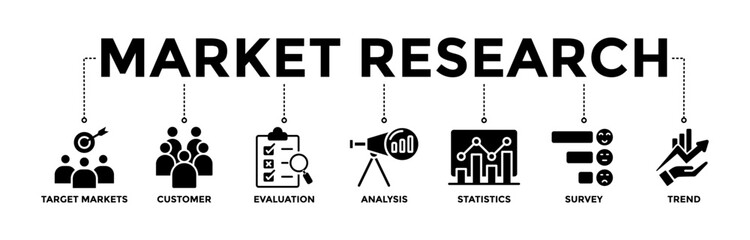 Market research banner icons set. Vector graphic glyph style with icon of target markets, customer, evaluation, analysis, statistics, survey, and trend	