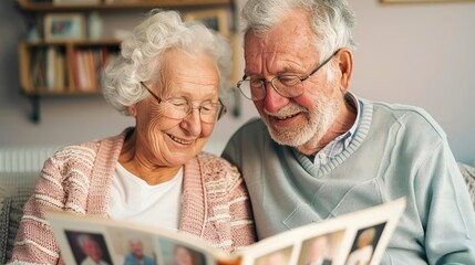 Elderly couple smiling at old photos in an album, memories, happy times