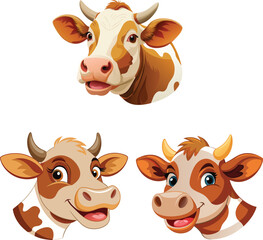 Three happy cartoon cows smiling on a white background